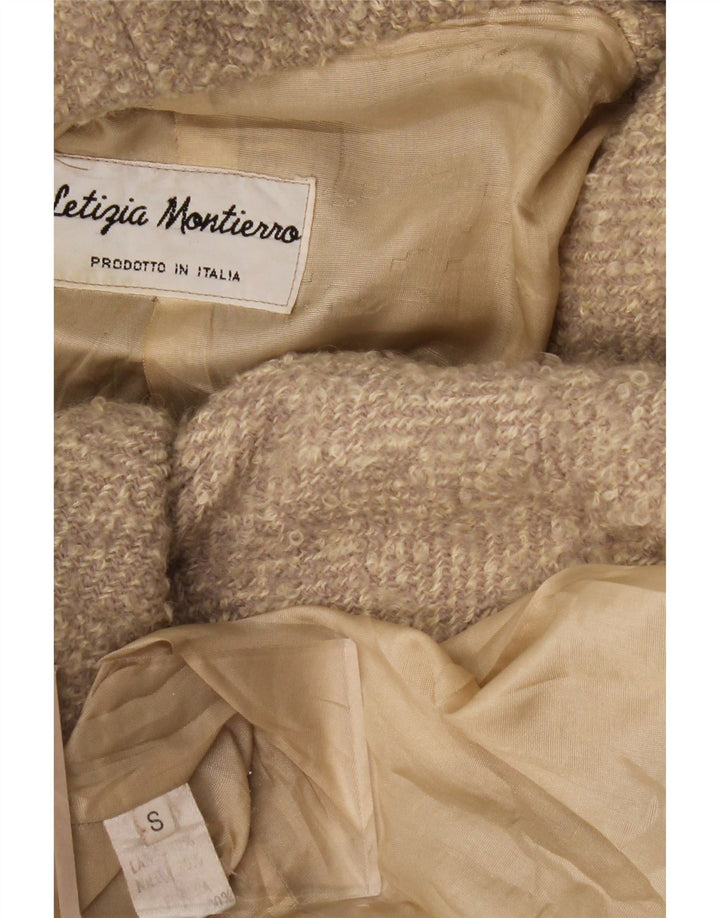 VINTAGE Womens Oversized Hooded Overcoat UK 10 Small Beige Herringbone