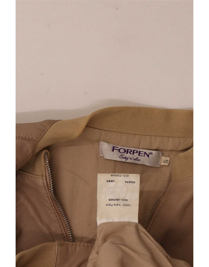 Forpen Womens Crop Leather Bomber Jacket UK 10 Small Beige