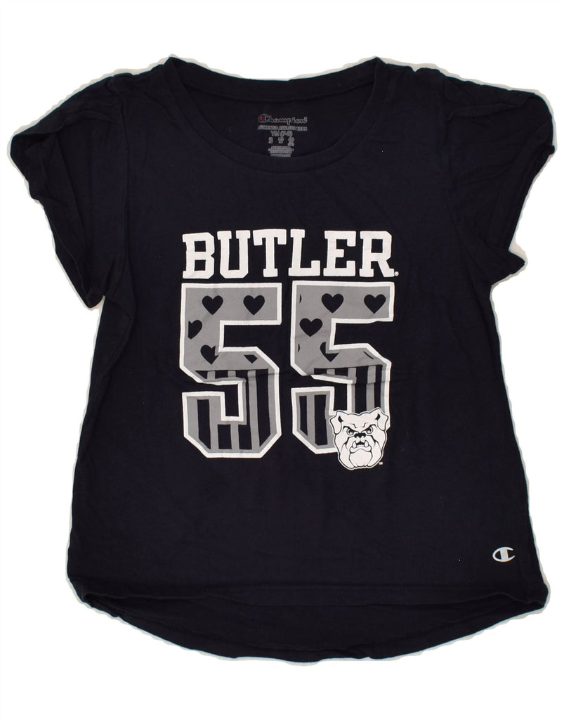 CHAMPION Girls Butler Graphic T-Shirt Top 7-8 Years Medium Navy Blue | Vintage Champion | Thrift | Second-Hand Champion | Used Clothing | Messina Hembry 