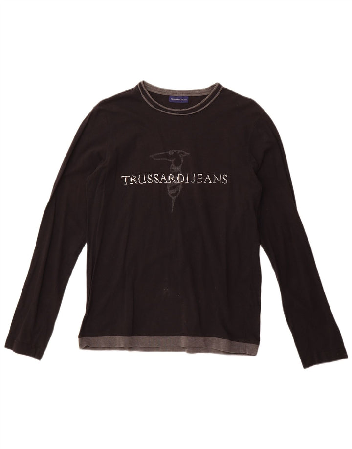 TRUSSARDI JEANS Womens Graphic Top Long Sleeve UK 12 Medium Black