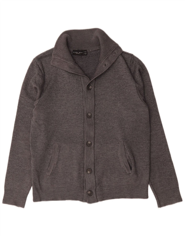 Zara Mens Cardigan Sweater Large Grey Wool