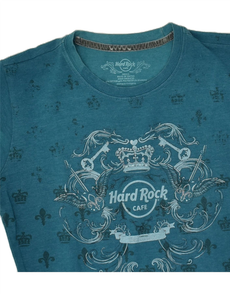 HARD ROCK Womens Abstract Pattern Graphic T-Shirt Top UK 10 Small Blue Vintage Hard Rock and Second-Hand Hard Rock from Messina Hembry 