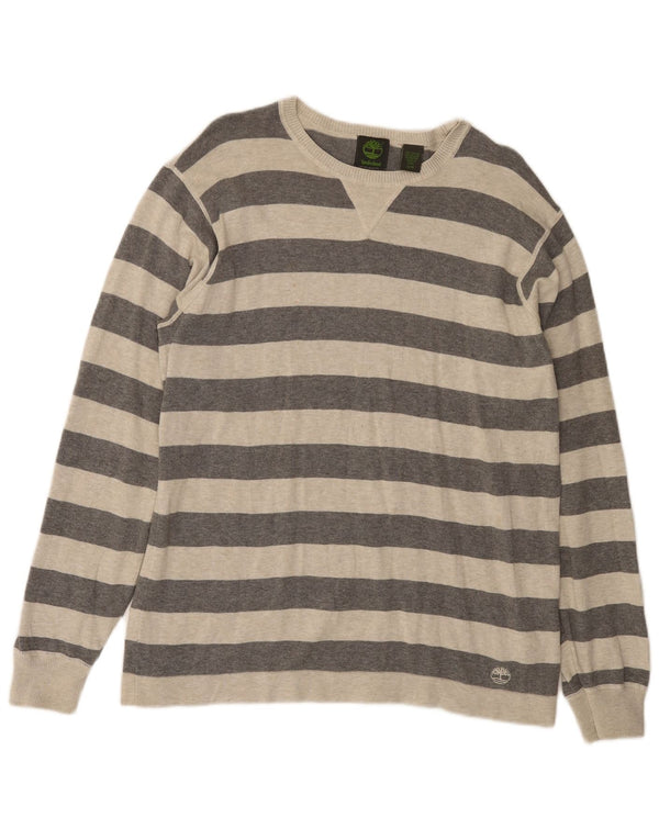 Timberland Mens Crew Neck Jumper Sweater Medium Grey Striped Cotton