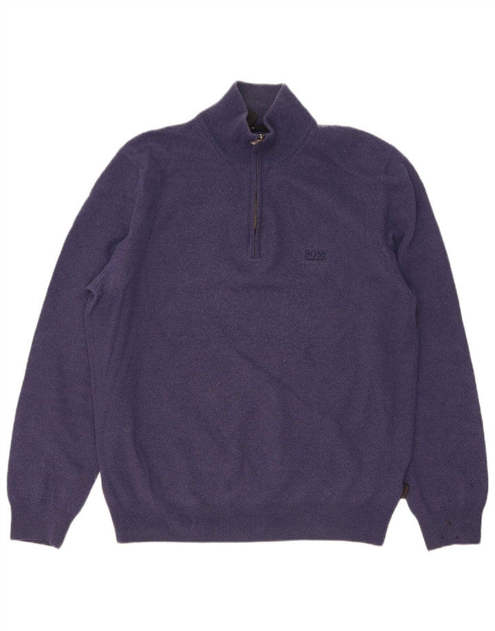 Hugo Boss Mens Zip Neck Jumper Sweater Large Navy Blue Virgin Wool