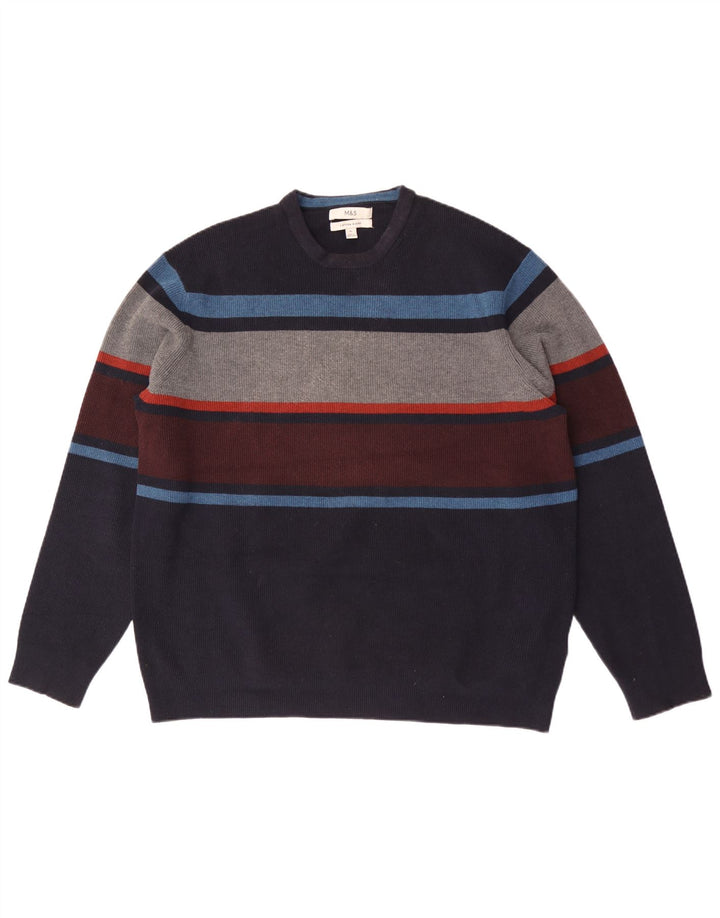 Marks & Spencer Mens Crew Neck Jumper Sweater XL Navy Blue Striped