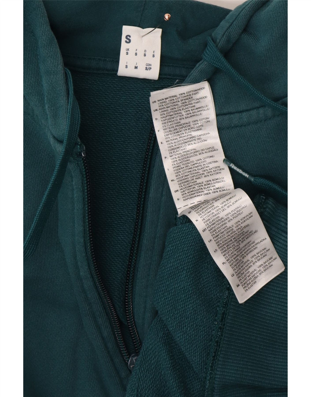 REEBOK Mens Zip Hoodie Sweater Small Green Cotton