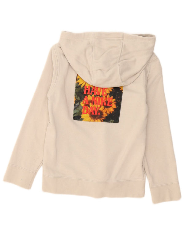 Nike Girls Graphic Hoodie Jumper 8-9 Years Small Beige Floral Cotton