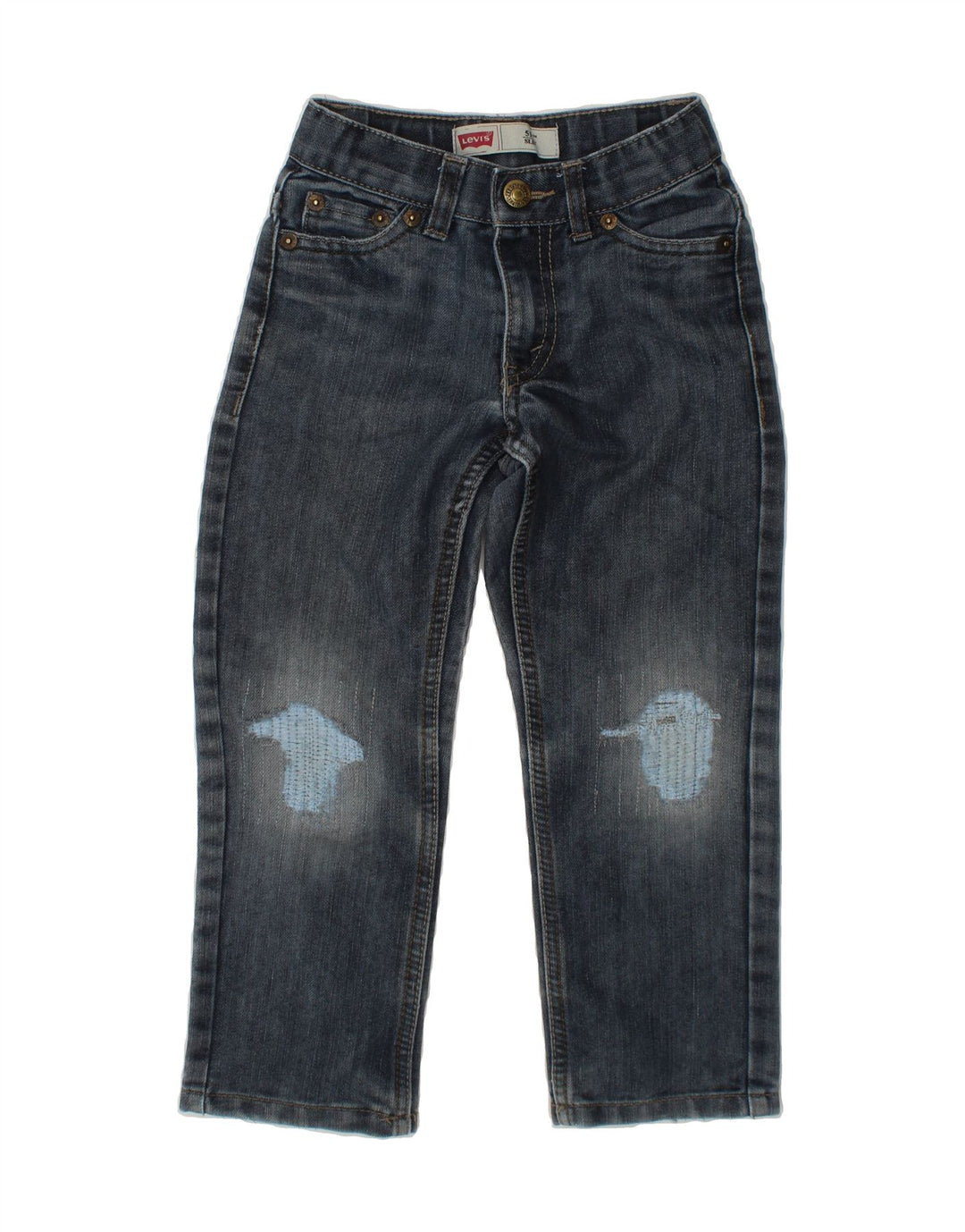 LEVI'S Boys 511 Distressed Slim Jeans 4-5 Years W22 L18 Navy Blue Cotton Vintage Levi's and Second-Hand Levi's from Messina Hembry 