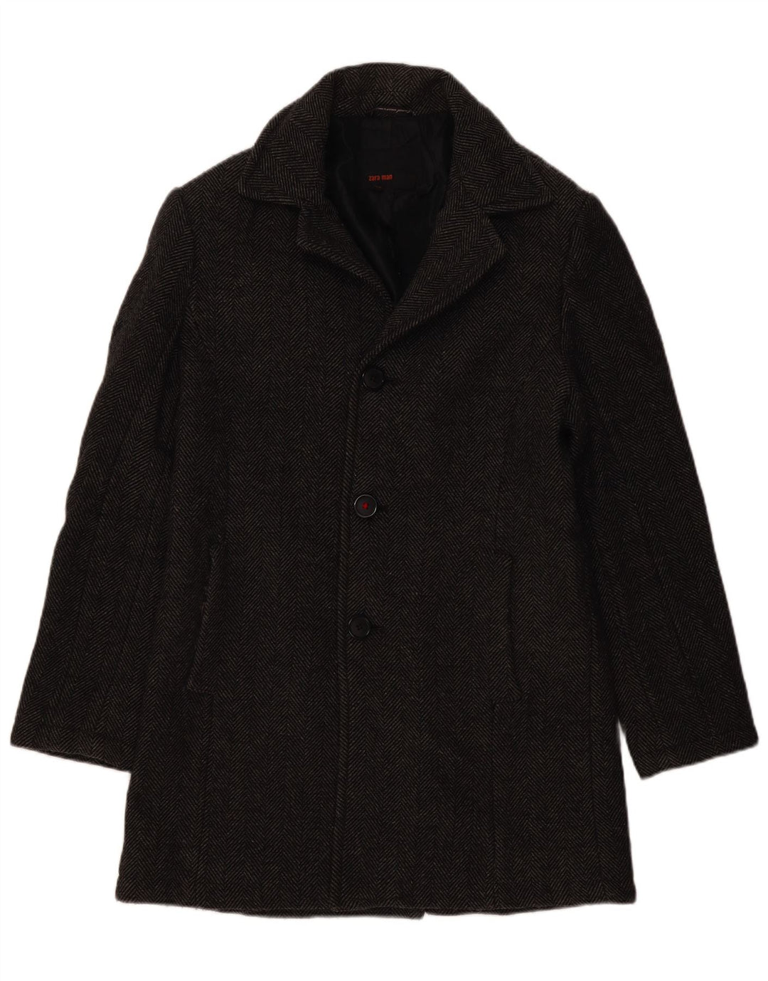 Zara Mens Overcoat UK 38 Medium Grey Herringbone Wool