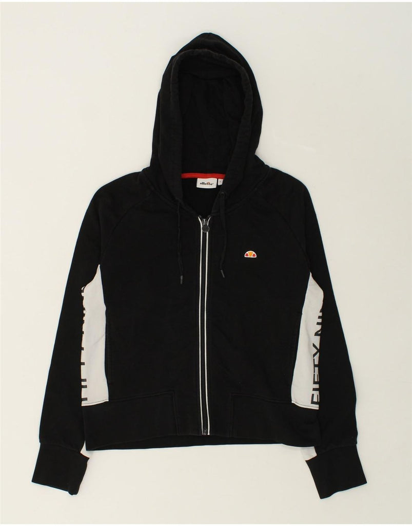 ELLESSE Womens Graphic Zip Hoodie Sweater UK 14 Large Black Colourblock | Vintage Ellesse | Thrift | Second-Hand Ellesse | Used Clothing | Messina Hembry 