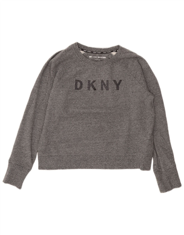 Dkny Womens Crop Graphic Sweatshirt Jumper UK 10 Small Grey Flecked
