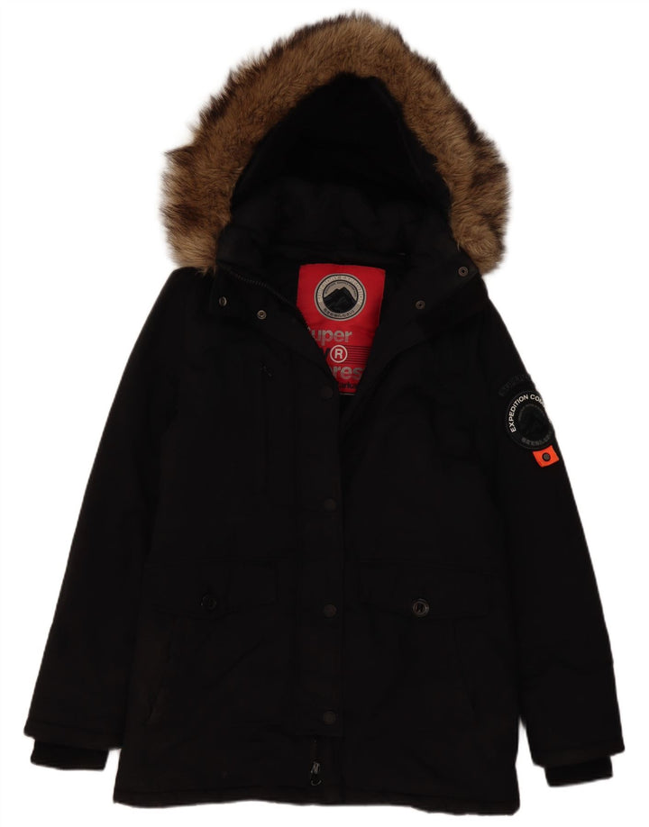 Superdry Womens Hooded Parka Jacket UK 12 Medium Black Nylon