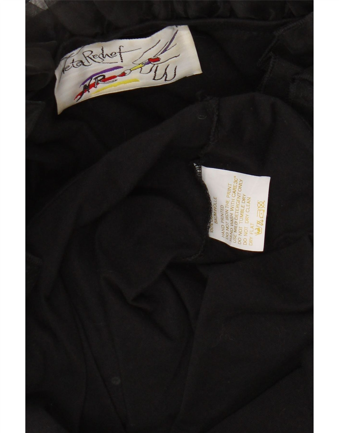 Vintage Womens Ruffle Front Long Sleeve Tunic Top UK 16 Large Black Cotton