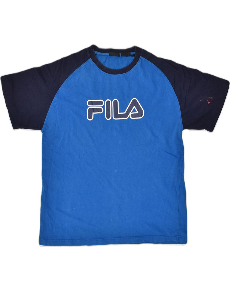 FILA Mens Graphic T-Shirt Top Large Blue Colourblock Cotton | Vintage Fila | Thrift | Second-Hand Fila | Used Clothing | Messina Hembry 