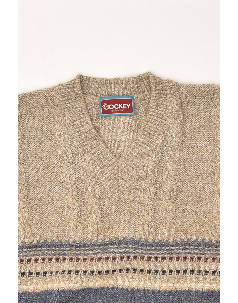 JOCKEY Mens V-Neck Jumper Sweater XL Beige Fair Isle Virgin Wool | Vintage Jockey | Thrift | Second-Hand Jockey | Used Clothing | Messina Hembry 