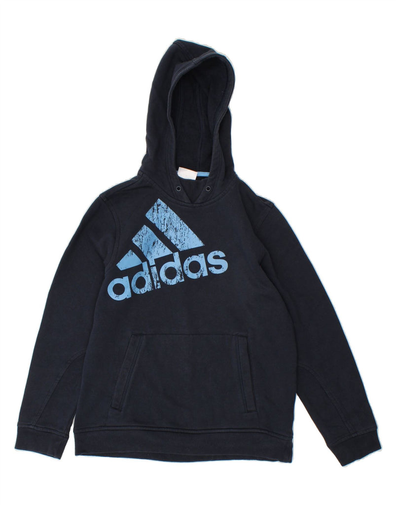 ADIDAS Girls Graphic Hoodie Jumper 13-14 Years Navy Blue Cotton | Vintage Adidas | Thrift | Second-Hand Adidas | Used Clothing | Messina Hembry 