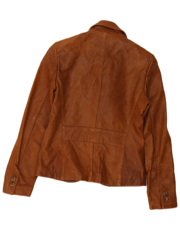 Massimo Dutti Womens 3 Button Leather Blazer Jacket UK 8 Small Brown