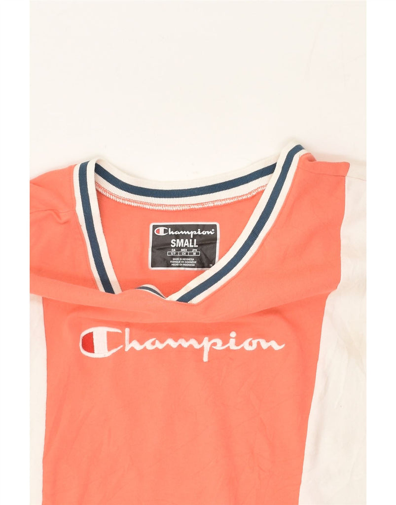 CHAMPION Womens Crop Graphic T-Shirt Top UK 14 Small Orange Colourblock | Vintage Champion | Thrift | Second-Hand Champion | Used Clothing | Messina Hembry 