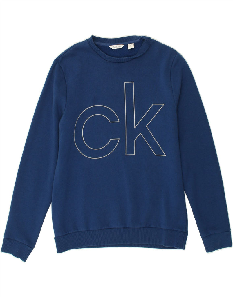CALVIN KLEIN Mens Graphic Sweatshirt Jumper Small Navy Blue Cotton | Vintage Calvin Klein | Thrift | Second-Hand Calvin Klein | Used Clothing | Messina Hembry 