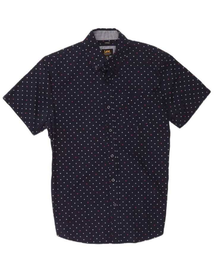 Lee Mens Short Sleeve Regular Fit Shirt Medium Navy Blue Geometric Cotton