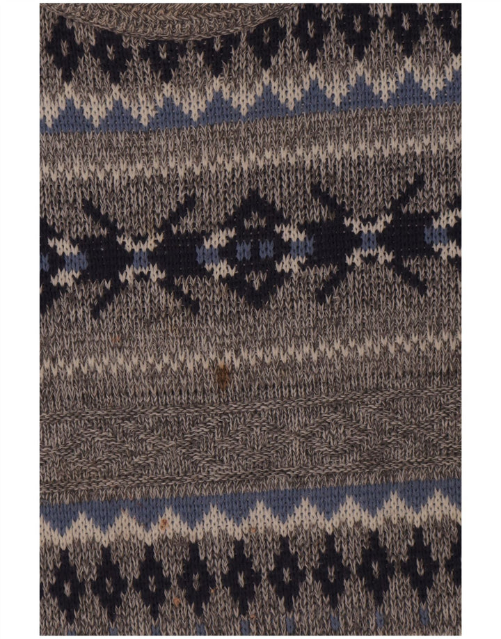 Vintage Mens Crew Neck Jumper Sweater Large Grey Fair Isle