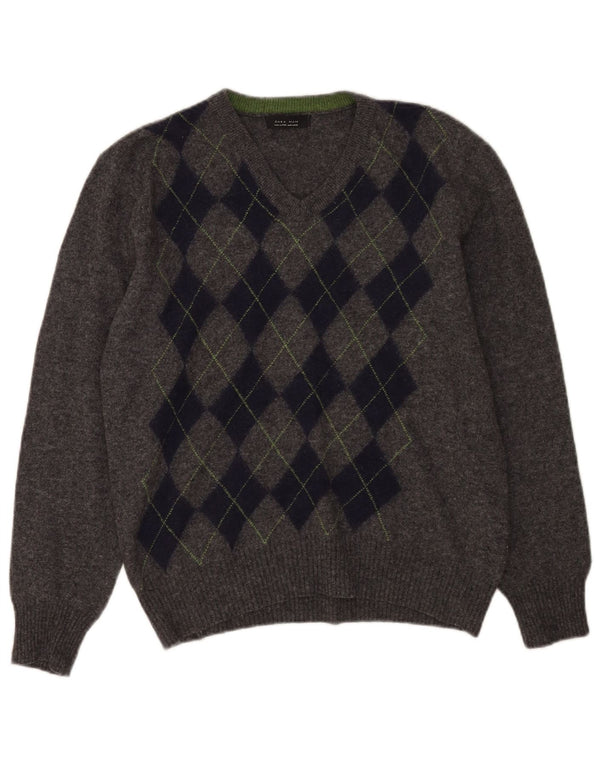 Zara Mens V-Neck Jumper Sweater Medium Grey Argyle/Diamond