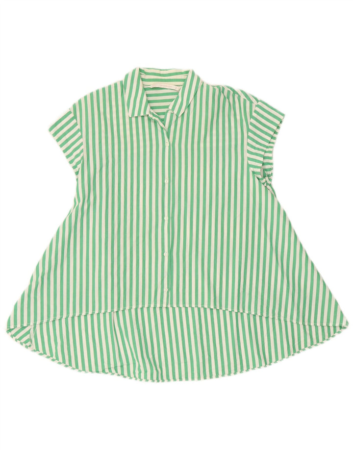 ZARA Womens Short Sleeve Shirt Blouse UK 14 Medium Green Striped