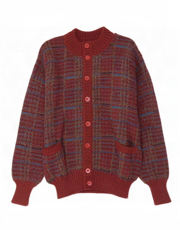 Vintage Mens Cardigan Sweater Large Burgundy Check