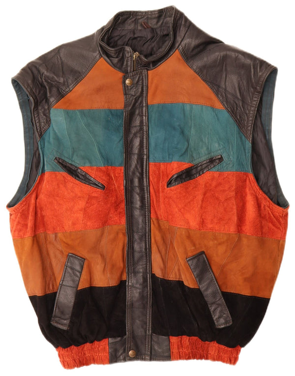 VINTAGE Mens Leather Gilet UK 42 XL Multicoloured Colourblock