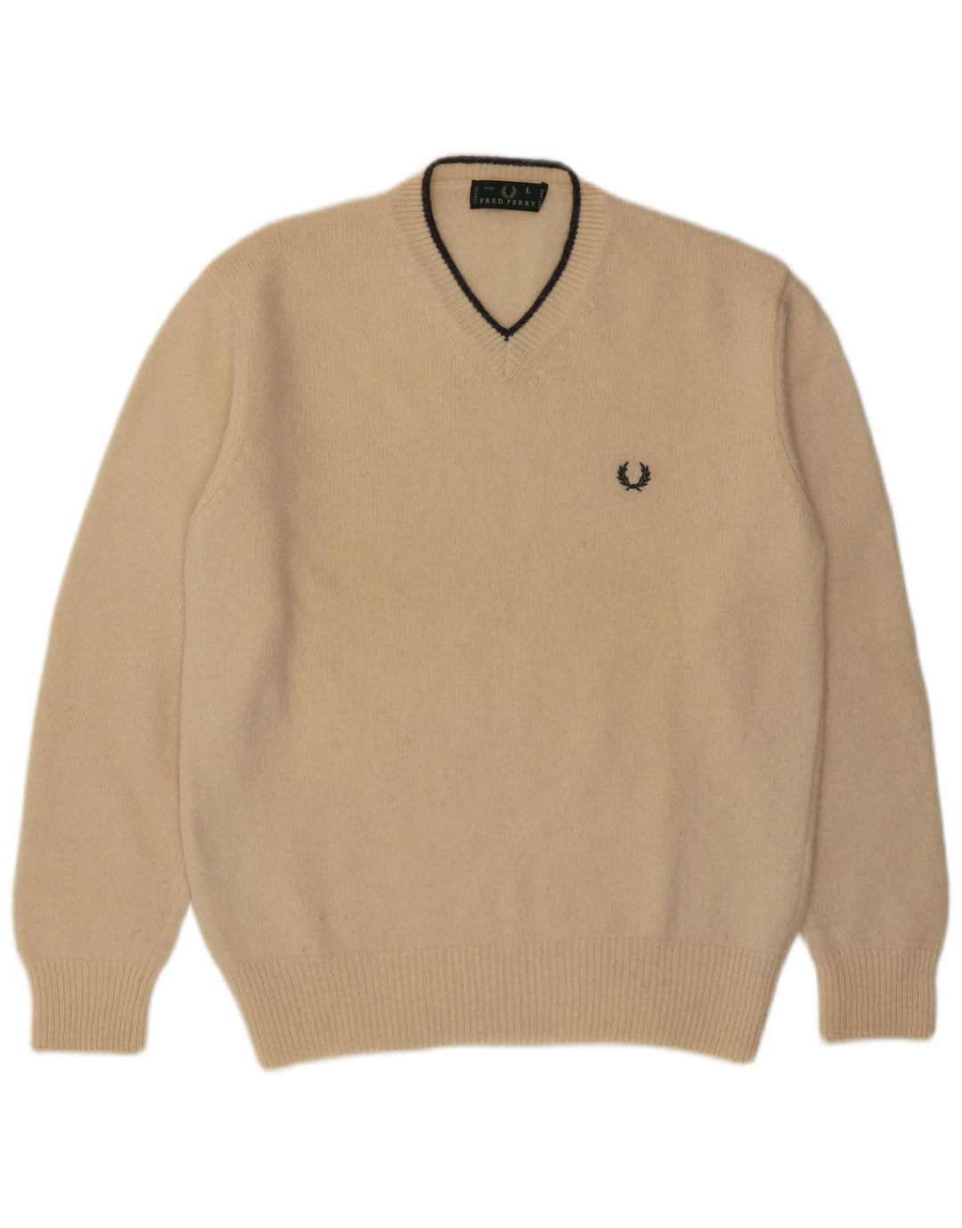 Fred Perry Mens V-Neck Jumper Sweater Large Beige Wool