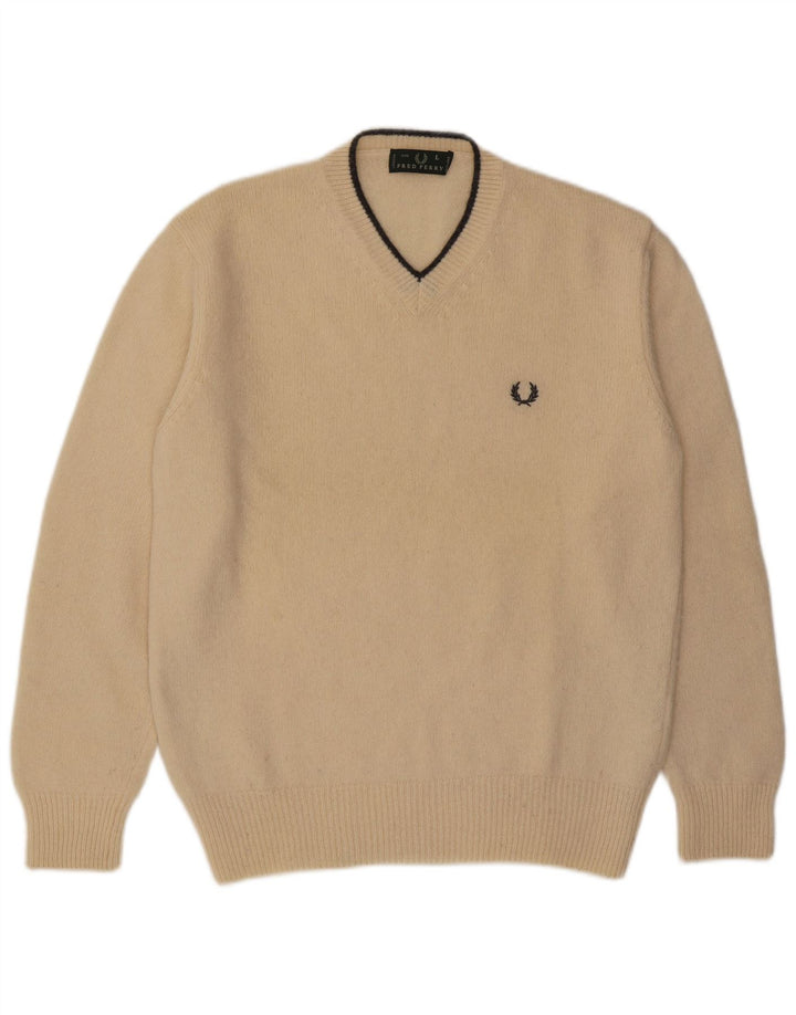 Fred Perry Mens V-Neck Jumper Sweater Large Beige Wool