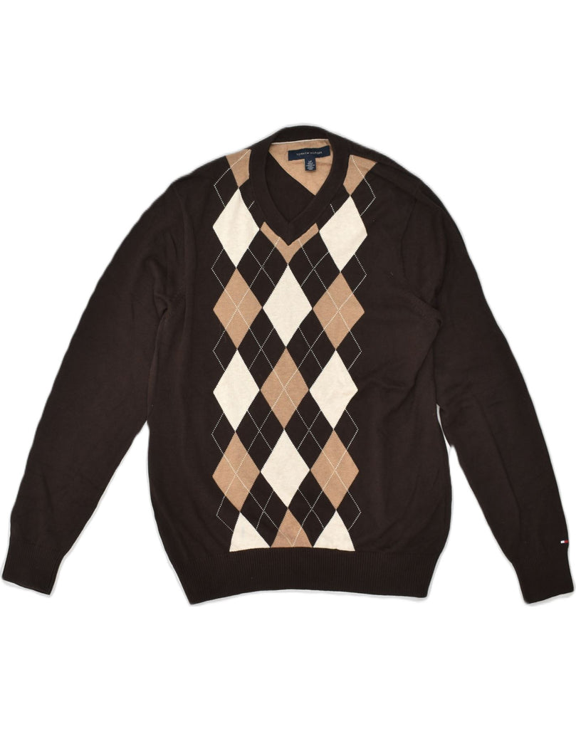 TOMMY HILFIGER Mens V-Neck Jumper Sweater Small Brown Argyle/Diamond | Vintage Tommy Hilfiger | Thrift | Second-Hand Tommy Hilfiger | Used Clothing | Messina Hembry 