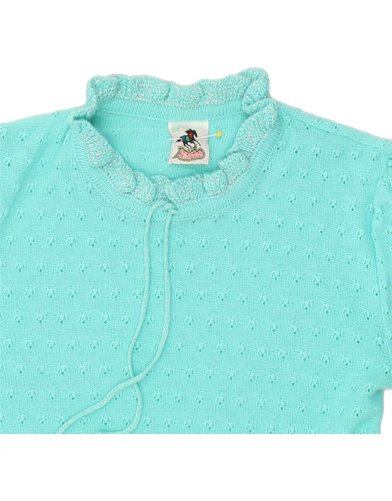 VINTAGE Girls Short Sleeve Crew Neck Jumper Sweater 13-14 Years Turquoise Vintage Vintage and Second-Hand Vintage from Messina Hembry 