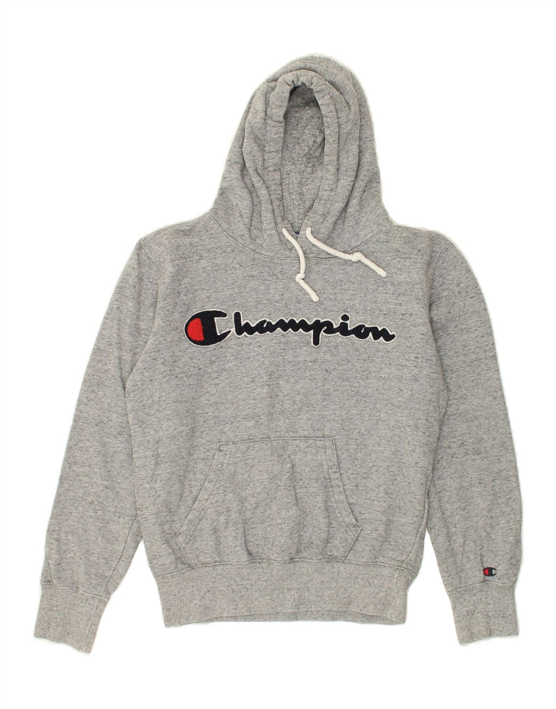 CHAMPION Womens Graphic Hoodie Jumper UK 6 XS Grey Flecked Cotton | Vintage Champion | Thrift | Second-Hand Champion | Used Clothing | Messina Hembry 