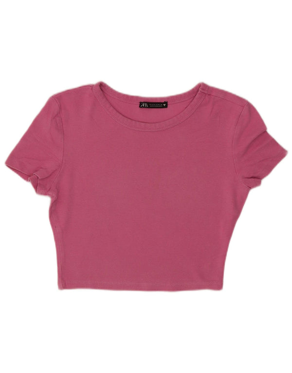 Zara Womens Crop T-Shirt Top UK 8 Small Pink Cotton