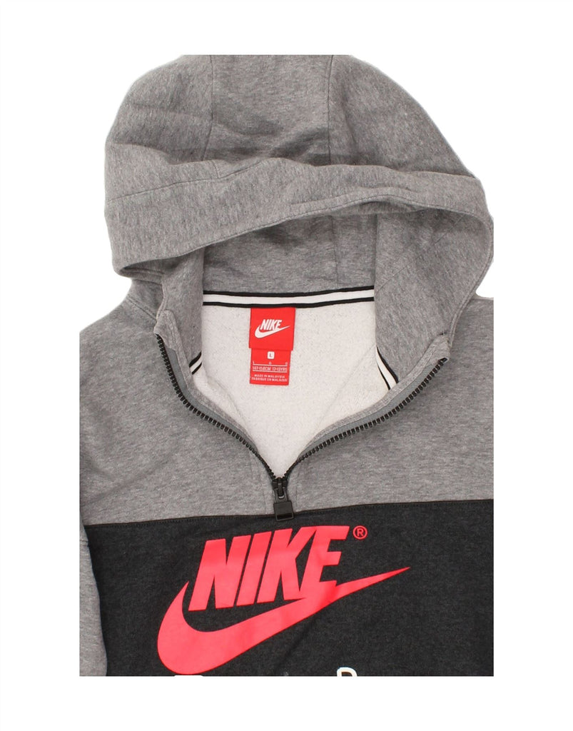 NIKE Boys Graphic Zip Neck Hoodie Jumper 12-13 Years Medium Grey Vintage Nike and Second-Hand Nike from Messina Hembry 