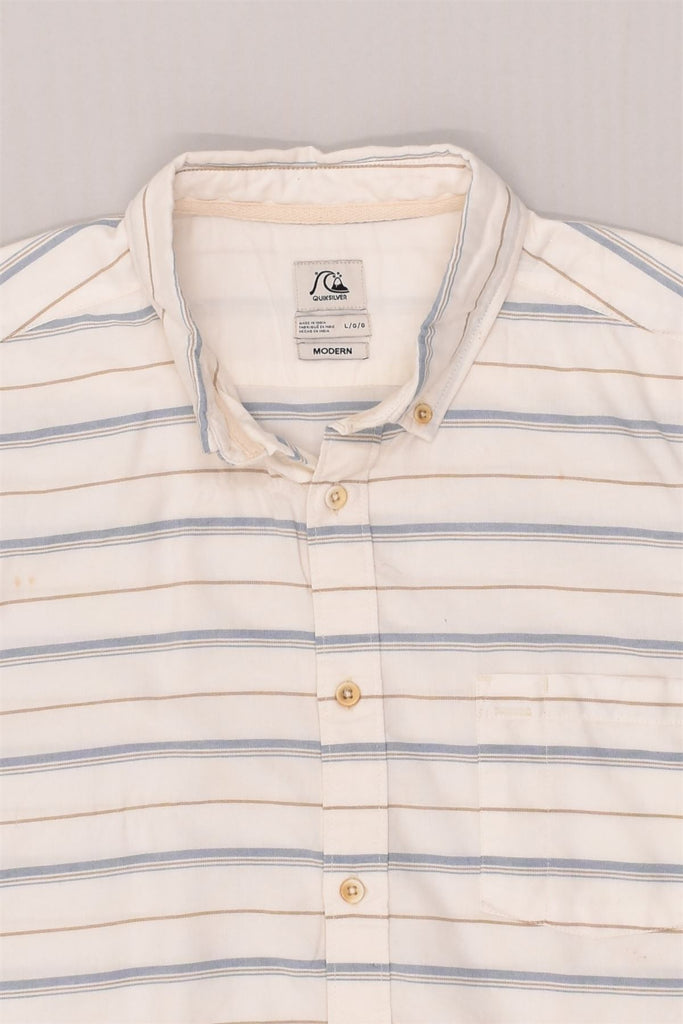 QUIKSILVER Mens Modern Short Sleeve Shirt Large White Striped Cotton | Vintage Quiksilver | Thrift | Second-Hand Quiksilver | Used Clothing | Messina Hembry 