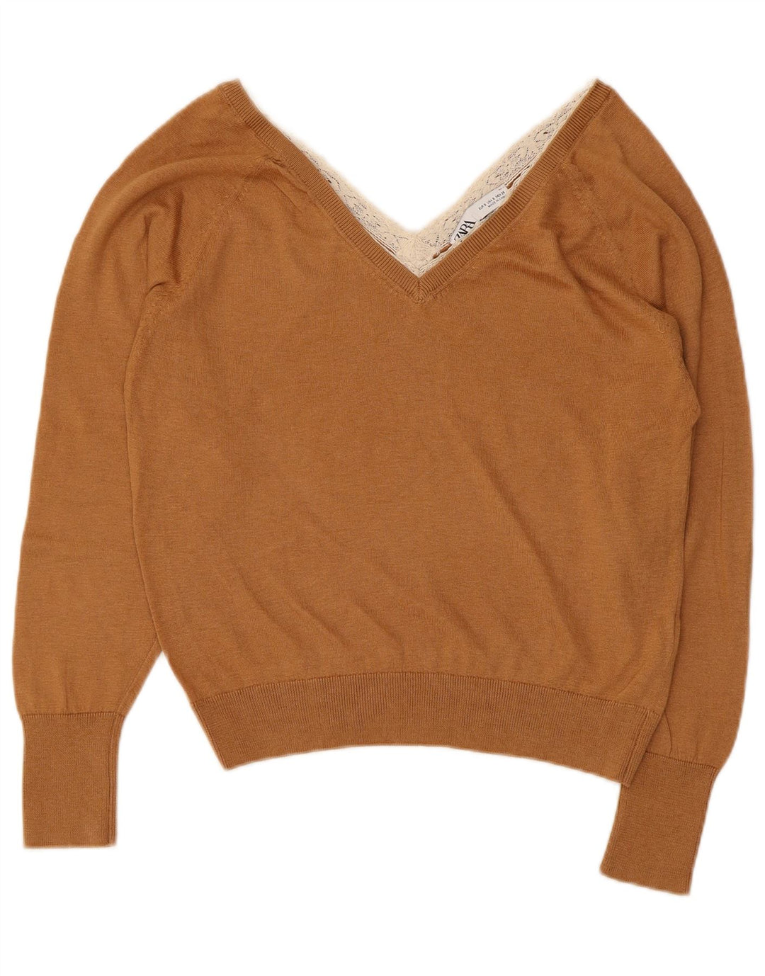 Zara Womens V-Neck Jumper Sweater UK 10 Small Brown Lyocell
