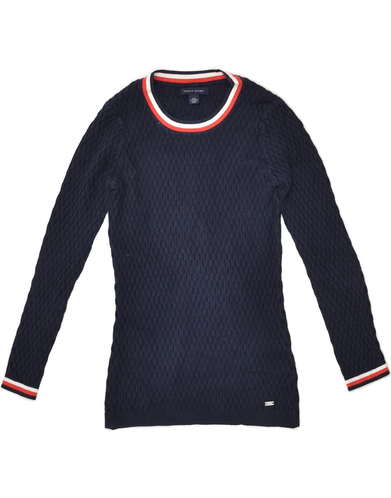 TOMMY HILFIGER Womens Crew Neck Jumper Sweater UK 0 2XS Navy Blue Cotton | Vintage Tommy Hilfiger | Thrift | Second-Hand Tommy Hilfiger | Used Clothing | Messina Hembry 