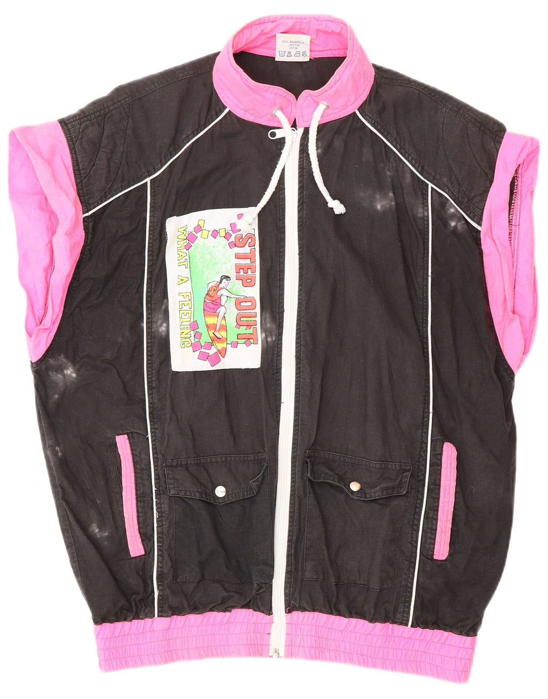 VINTAGE Womens Graphic Tracksuit Top Jacket UK 18 XL Black Colourblock