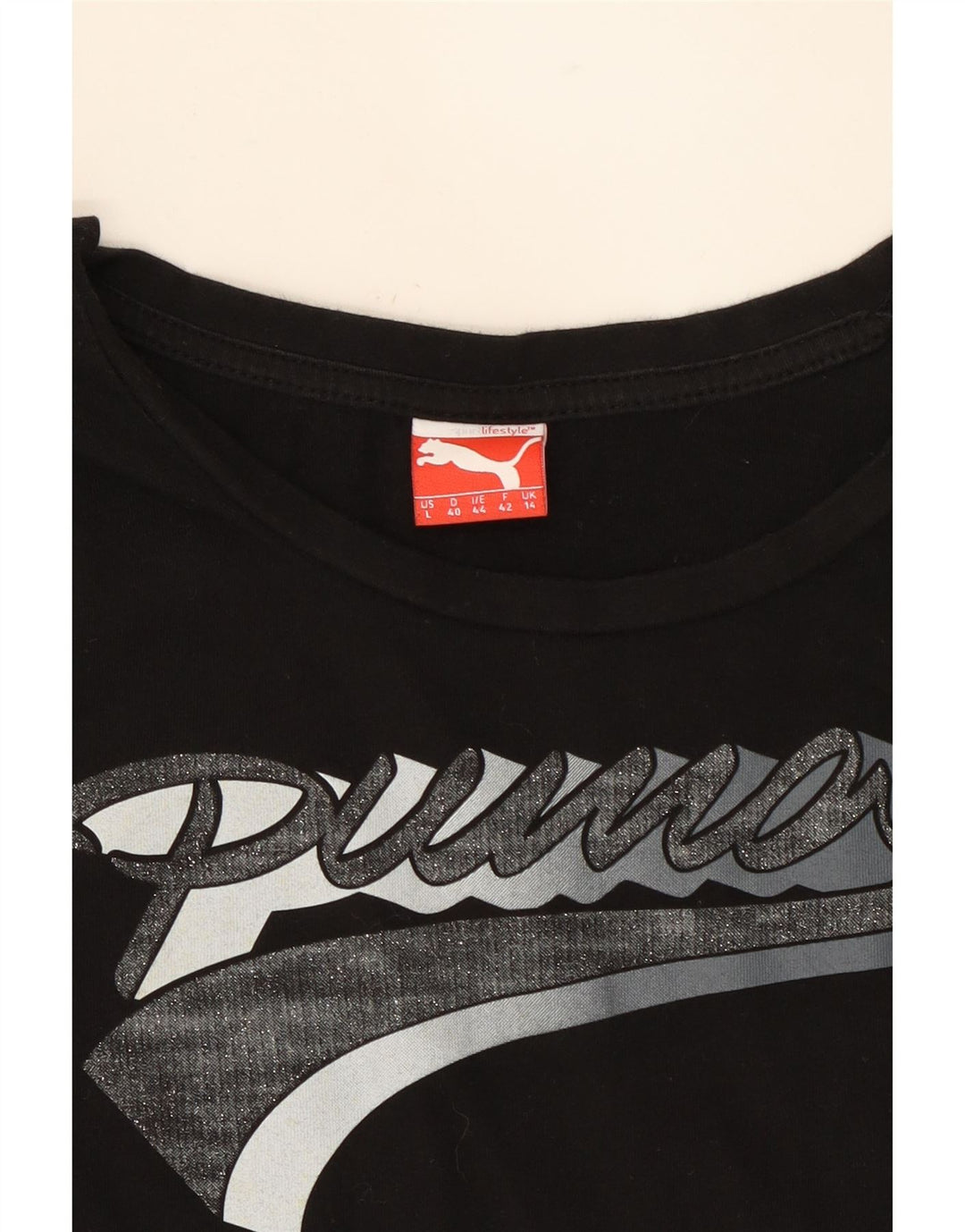 PUMA Womens Graphic T-Shirt Top UK 14 Medium Black Vintage Puma and Second-Hand Puma from Messina Hembry 