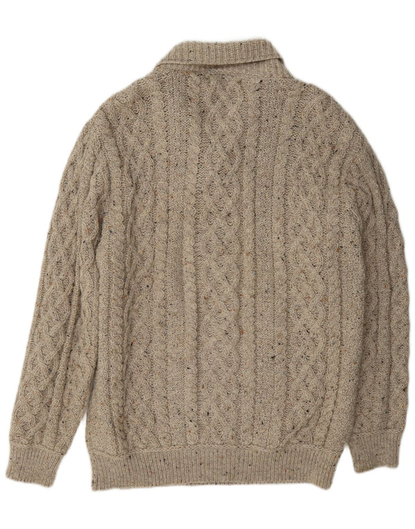 Aran Crafts Mens Shawl Neck Jumper Sweater Large Beige Flecked Wool
