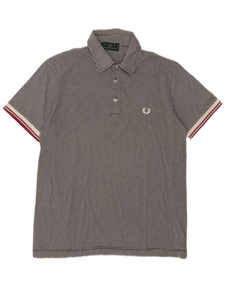 Fred Perry Mens Polo Shirt Large Navy Blue Striped Cotton