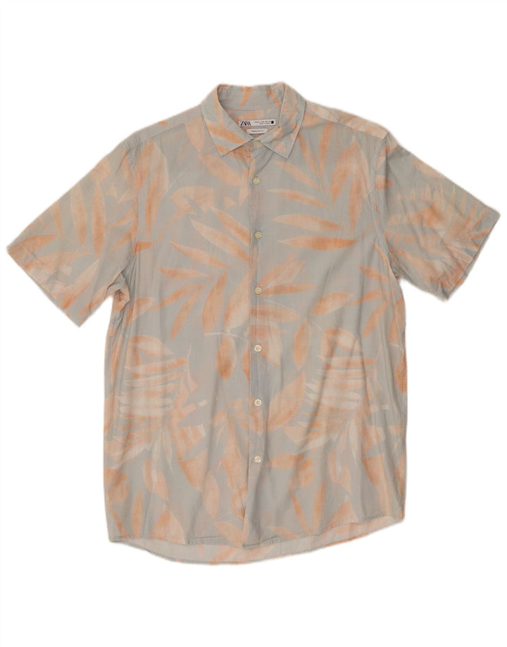 Zara Mens Short Sleeve Regular Fit Shirt Medium Blue Floral