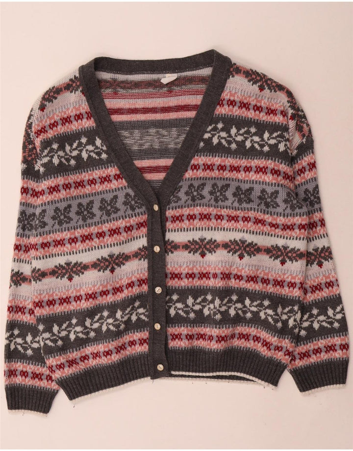 Vintage Womens Oversized Cardigan Sweater UK 14 Medium Grey Striped Acrylic