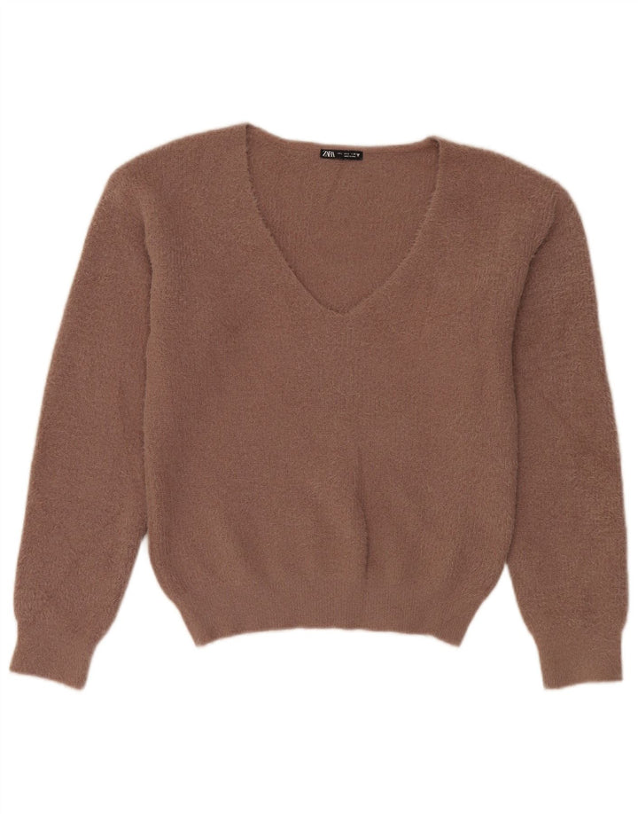 Zara Womens Oversized V-Neck Jumper Sweater UK 10 Small Brown Polyester