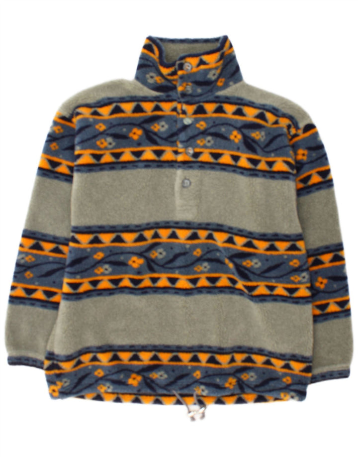 Vintage Mens Button Neck Fleece Jumper Large Grey Geometric Polyester