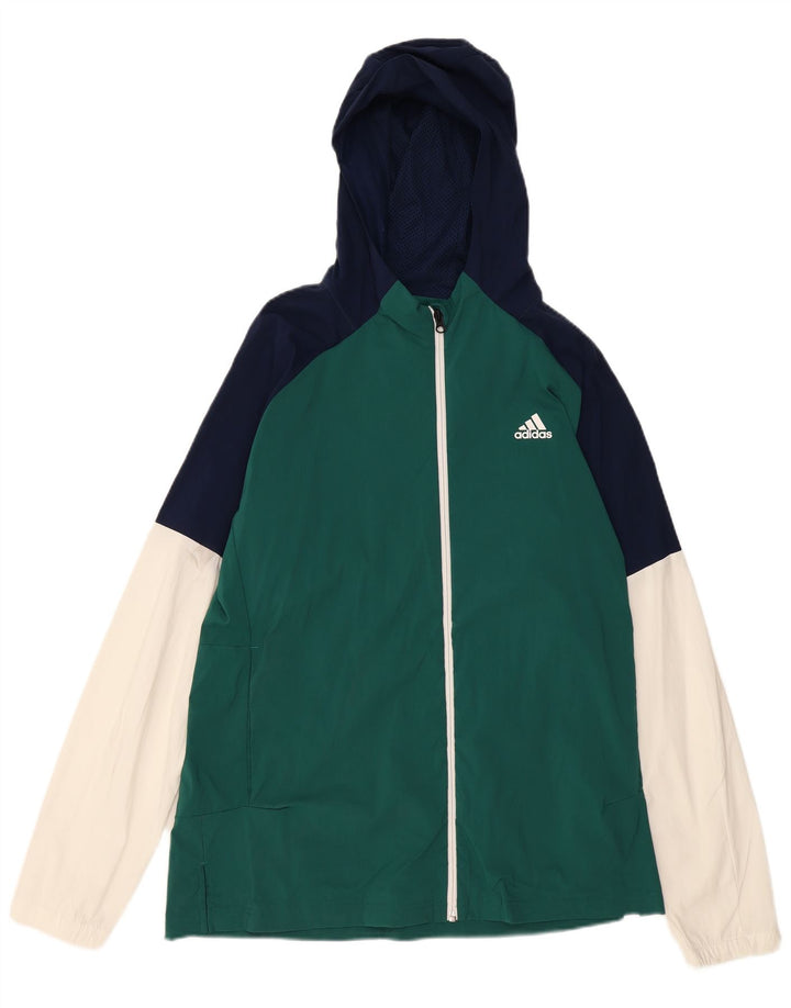 ADIDAS Mens Hooded Tracksuit Top Jacket Large Green Colourblock Nylon