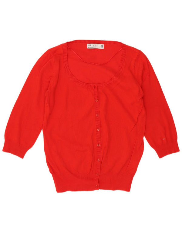 Zara Womens 3/4 Sleeve Cardigan Sweater UK 12 Medium Red Cotton