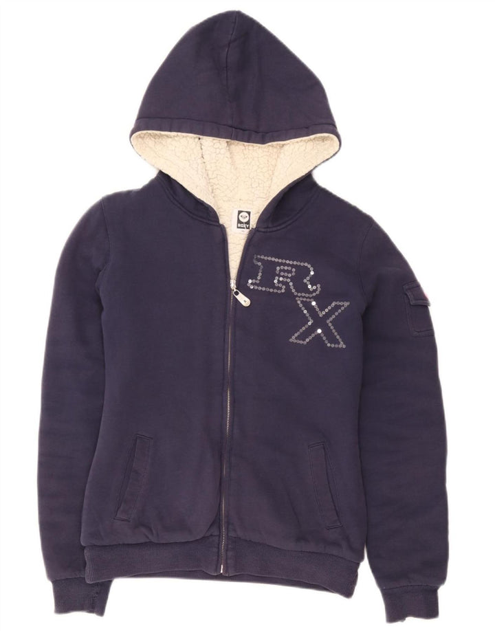 Roxy Womens Graphic Zip Hoodie Sweater UK 6 XS Navy Blue Polyester